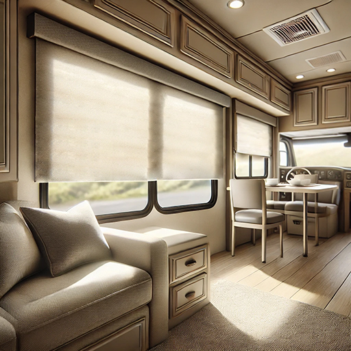 Photo of the interior of an RV focusing on the roller shades hanging over the RV windows.