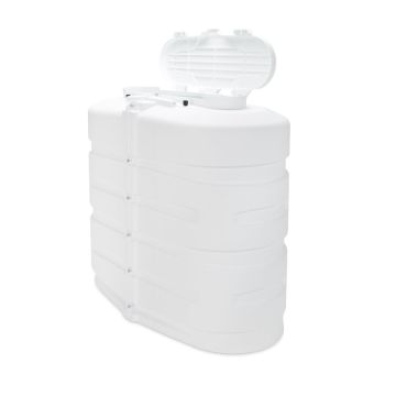 Camco 50513 White Dual Propane Tank Cover Angled Side View w/ Access Panel Open.