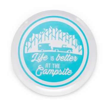 Camco Life Is Better At The Campsite Blue RV Truck Trailer & Tree Pattern On White Dinner Plate