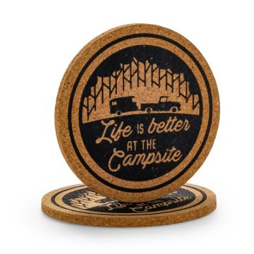 Camco Life is Better at the Campsite Retro Truck, Trailer & Tree Logo Cork Coasters 2PK