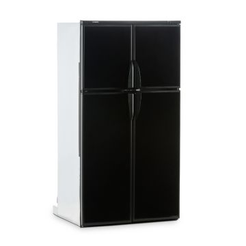 Dometic RM1350SLM RV Gas Absorption Refrigerator with black decorative door panels (not included), front view with doors closed. 