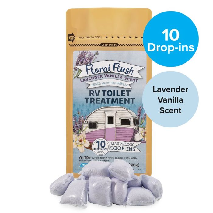 Camco Floral Flush Lavender Vanilla RV Toilet Treatment Drop-Ins, 10 Per Bag