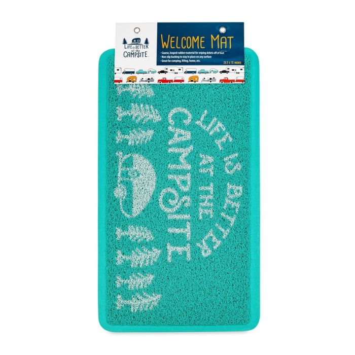 Camco Life is Better at the Campsite Scrub Rug Welcome Mat, Teal / White