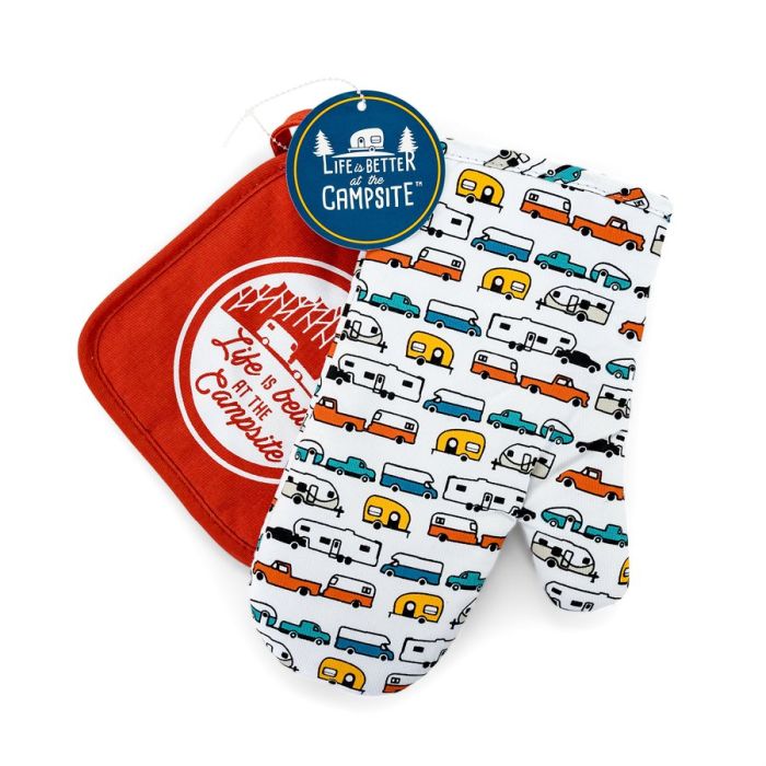 CAMCO Life is Better at the Campsite Multi Color RV Print Oven Mitt & Red Pot Holder
