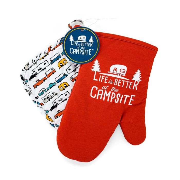 CAMCO Life is Better at the Campsite Red Oven Mitt & Multi Color RV Print Pot Holder