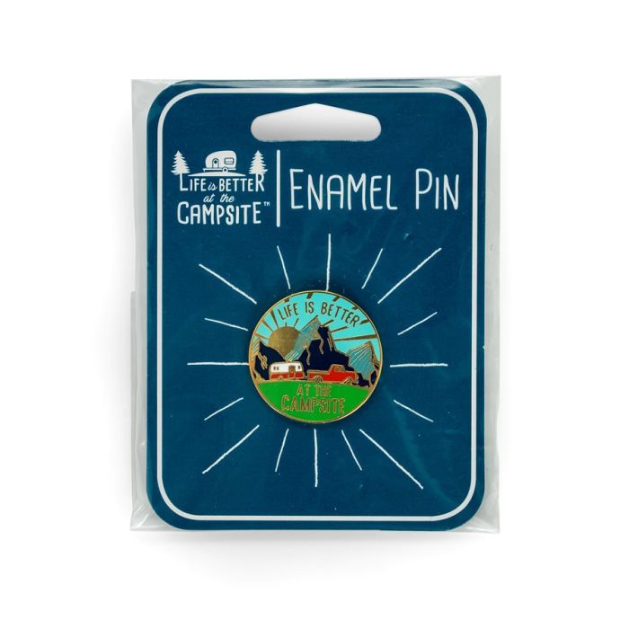 Camco Life is Better at the Campsite Retro Camper, Mountains & Sunrise Logo Pin