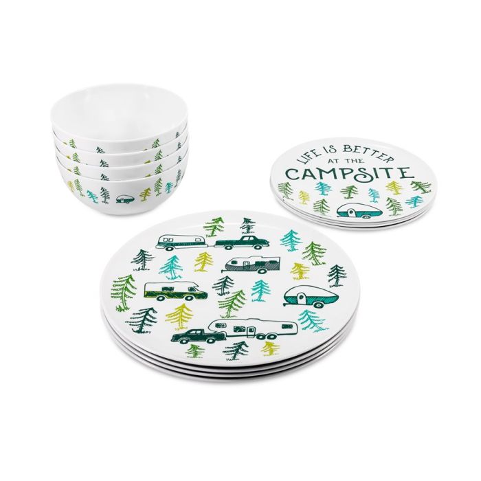 Camco Life is Better at the Camp Site RV Sketch Pattern Dinnerware Set