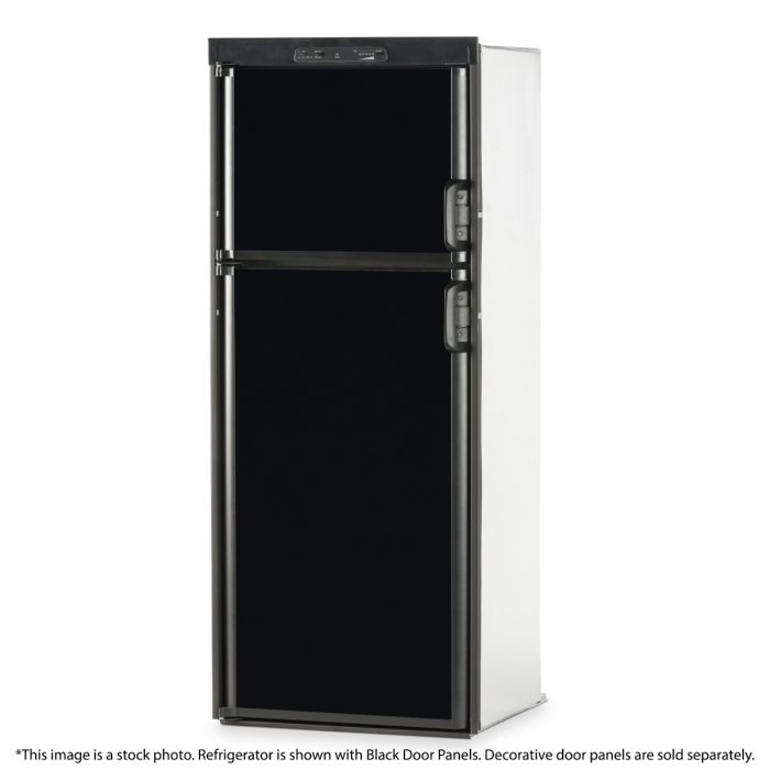 Dometic DM2862LB Gas Absorption RV Refrigerator front view with black door panels (not included) and doors closed.