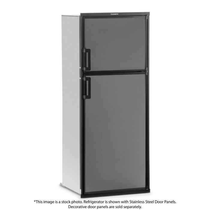 Dometic DM2872RBF1 Gas Absorption RV Refrigerator with stainless steel door panels (not included) and doors closed.