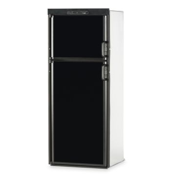 Dometic DM2862LB Gas Absorption RV Refrigerator front view with black door panels (not included) and doors closed.